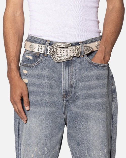 MNML Fleur Studded Rhinestone Belt Off White