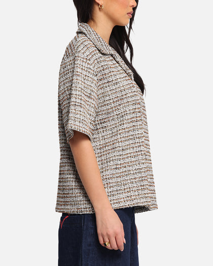 XXIII Boucle Tweed Crop Button Up Shirt Cream/Brown