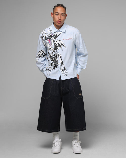 Loiter x Yu-Gi-Oh! Blue Eyes Button Up Shirt Blue Stripe