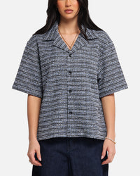 XXIII Boucle Tweed Crop Button Up Shirt Black/White/Blue