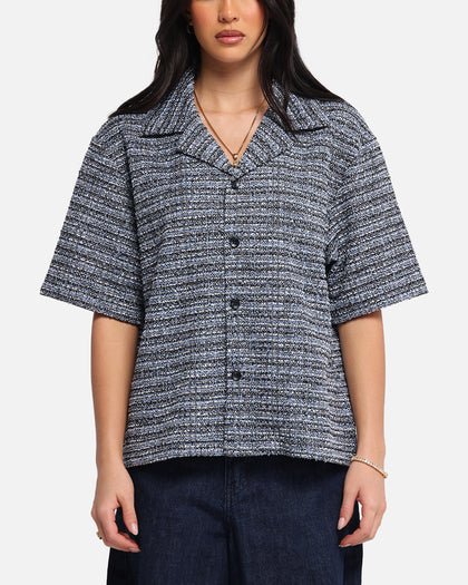 XXIII Boucle Tweed Crop Button Up Shirt Black/White/Blue