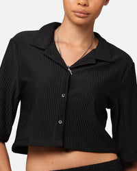 XXIII Women's Cropped Pleated Button Up Shirt Black