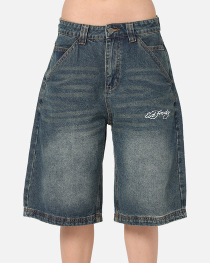 Ed Hardy Brave Hearts Jorts Washed Indigo