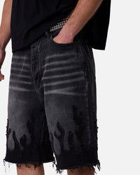 MNML Baggy Flame Denim Shorts Black