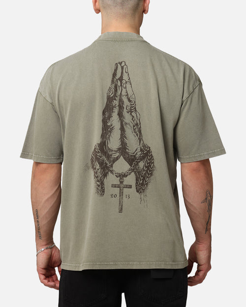 Saint Morta Pray For Me Mock Neck T-Shirt Vintage Khaki