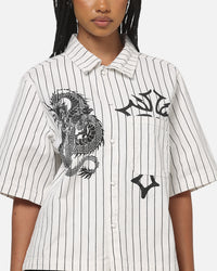 Ed Hardy Euro Short Sleeve Button Up Shirt White Pinstripe