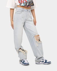 MNML Women's Baggy Distressed Jeans Vintage Blue