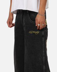 Ed Hardy Ultra Wide Leg Denim Jeans Black/Yellow