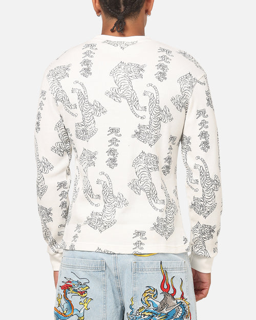 Ed Hardy Tiger Waffle Long Sleeve T-Shirt Off White