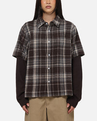 Saint Morta Plaid Layered Long Sleeve Button Up Shirt Brown