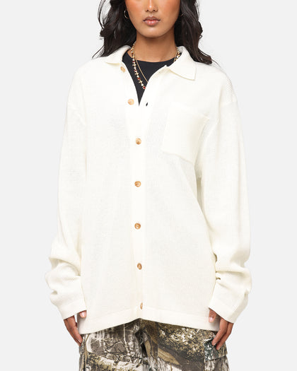 XXIII Zyair Knit Rib Long Sleeve Button Up Shirt Cream