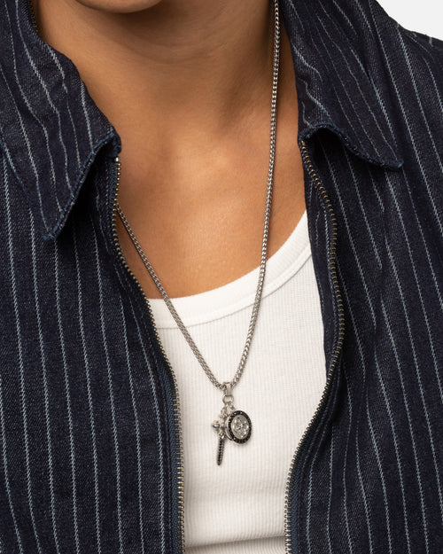 Guess Mainline Rebel Knight 26" 4G Coin And Dagger Necklace Silver