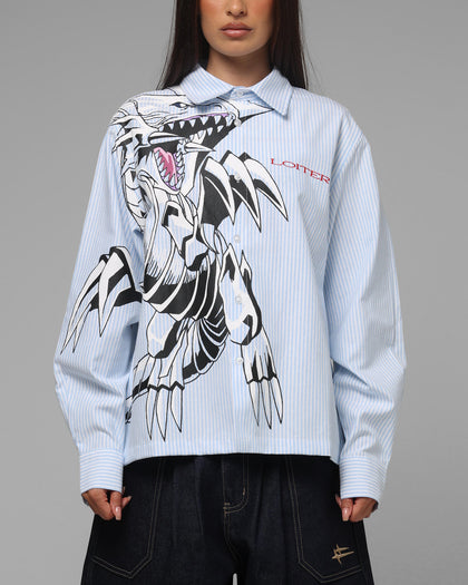 Loiter x Yu-Gi-Oh! Blue Eyes Button Up Shirt Blue Stripe