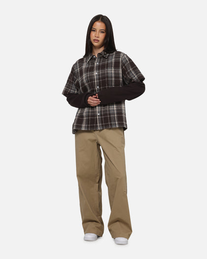 Saint Morta Plaid Layered Long Sleeve Button Up Shirt Brown