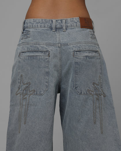 Loiter Star Born Pleated Jorts Blue Washed Denim