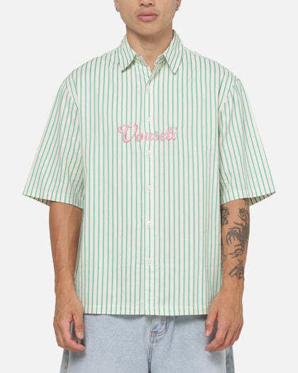 Vouseti Off Court Button Up Shirt Money Green White Stripe