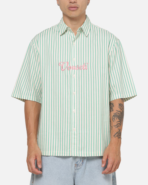 Vouseti Off Court Button Up Shirt Money Green White Stripe