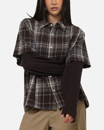Saint Morta Plaid Layered Long Sleeve Button Up Shirt Brown
