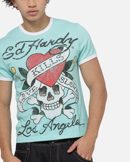 Ed Hardy Love Kills Slowly Ringer T-Shirt Aqua