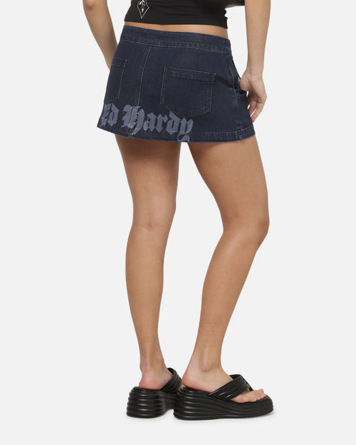 Ed Hardy Women's Waxed Denim Skirt Mid Blue
