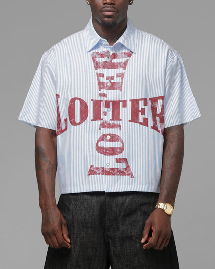 Loiter Rider Distressed Button Up Shirt Blue/White Stripe