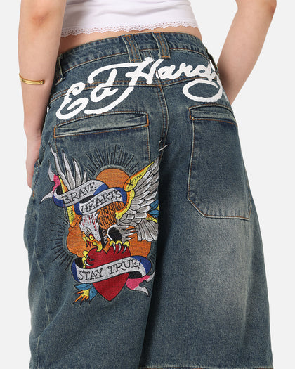 Ed Hardy Brave Hearts Jorts Washed Indigo
