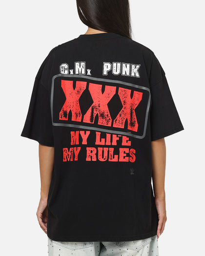 73Studio X WWE CM Punk My Life Rules Vintage T-Shirt Black Acidwash