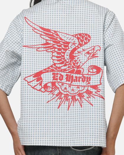 Ed Hardy Eagle Button Up Shirt Blue Pinstripe
