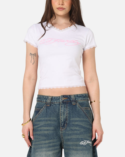 Ed Hardy Women's Lace Trim Baby T-Shirt White