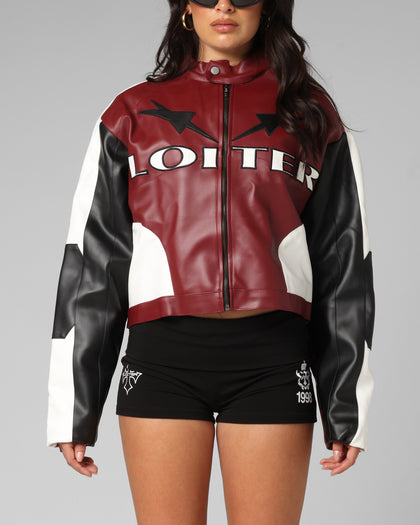 Loiter Women's Engine Cropped Vegan Leather Jacket Red