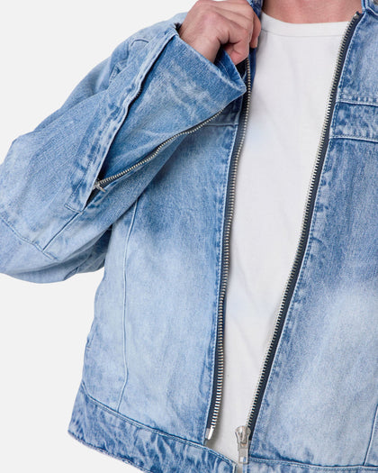 MNML Panelled Moto Denim Jacket Washed Blue