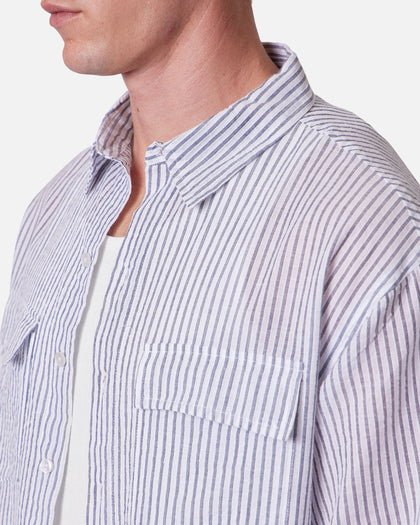 MNML Cropped Boxy Stripe Button Up Shirt Blue