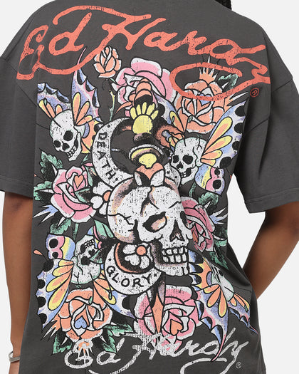 Ed Hardy Floral Skull T-Shirt Charcoal
