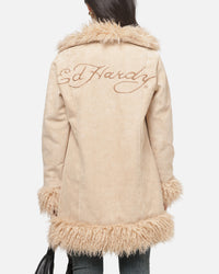 Ed Hardy Women's Fur Longline Coat Camel