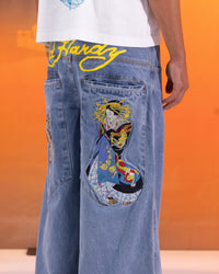 Ed Hardy Ultra Wide Leg Denim Jeans Light Wash Blue