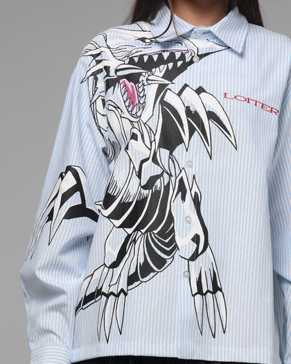 Loiter x Yu-Gi-Oh! Blue Eyes Button Up Shirt Blue Stripe