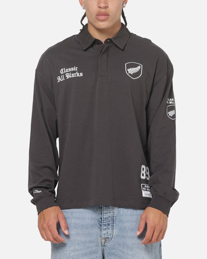 Mitchell & Ness All Blacks Rugby Long Sleeve Polo Shirt Washed Black