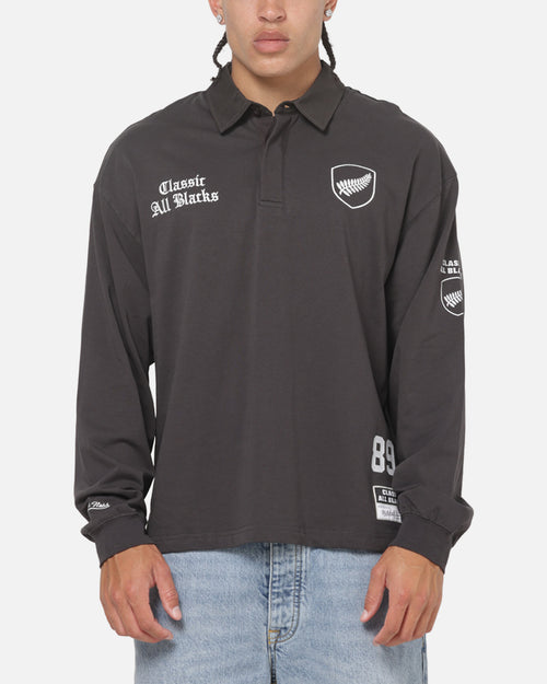 Mitchell & Ness All Blacks Rugby Long Sleeve Polo Shirt Washed Black