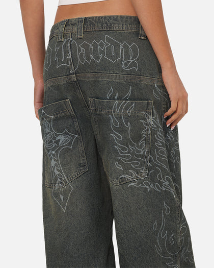 Ed Hardy Ghost Tattoo Ultra Wide Jeans Dirty Denim