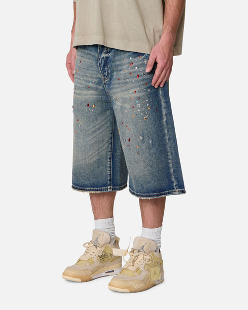 MNML Ultra Baggy Crystal Denim Shorts Blue