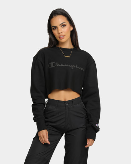 Champion Women's React Rev Weave Script Crop Crew Black