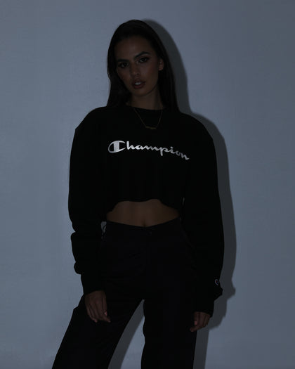 Champion Women's React Rev Weave Script Crop Crew Black