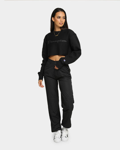 Champion Women's React Rev Weave Script Crop Crew Black
