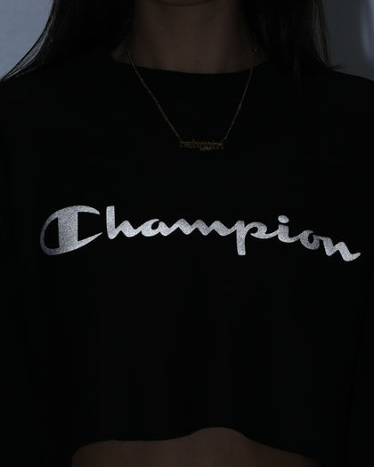 Champion Women's React Rev Weave Script Crop Crew Black