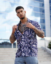 Saint Morta Paisley Skulls Short Sleeve Button Up Shirt Navy/White