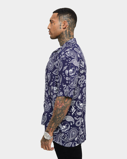 Saint Morta Paisley Skulls Short Sleeve Button Up Shirt Navy/White