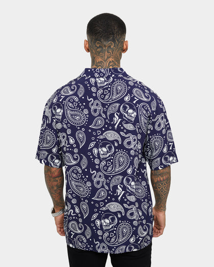 Saint Morta Paisley Skulls Short Sleeve Button Up Shirt Navy/White