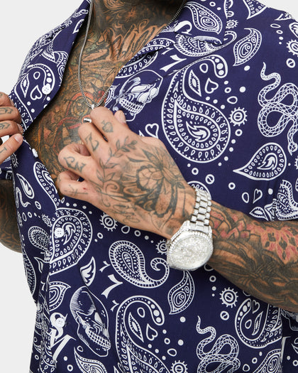 Saint Morta Paisley Skulls Short Sleeve Button Up Shirt Navy/White