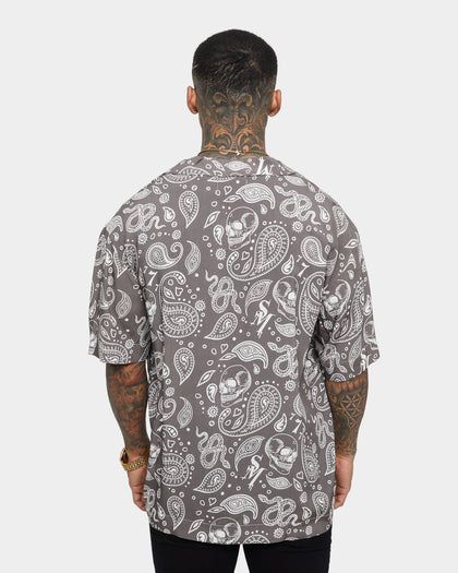 Saint Morta Paisley Skulls Short Sleeve Button Up Shirt Vintage Brown