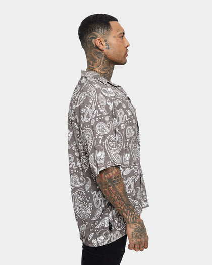 Saint Morta Paisley Skulls Short Sleeve Button Up Shirt Vintage Brown